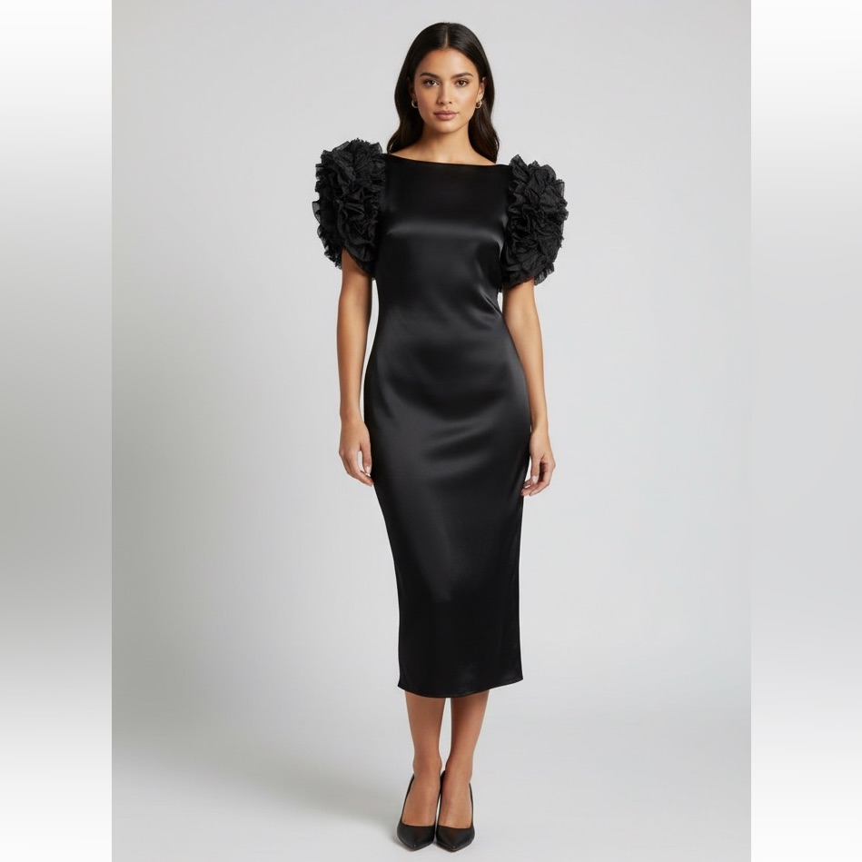 Vintage Elegant Johnathan Hitchcock Black Puff Ruffle Sleeve Shift Dress 8